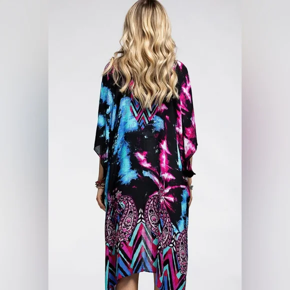 Vibrant Cosmic & Paisley Kimono - Psychedelic Colors - Lightweight Silky Fabric - Picture 5 of 6